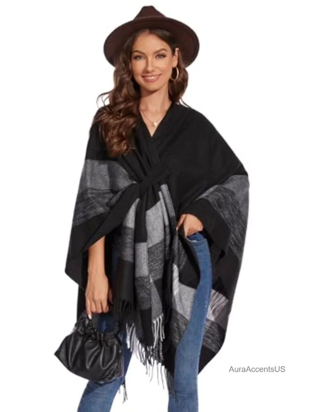 Knitted Cape Open Front Poncho Scarf Wrap Sleeveless Fringe